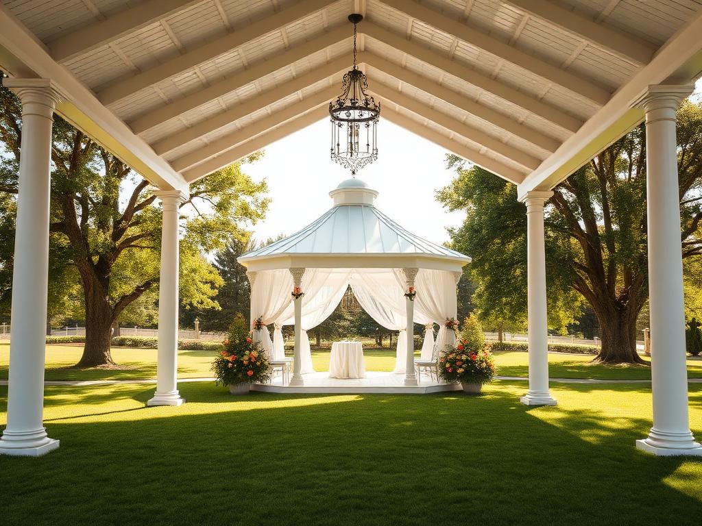Pavillon blanc dans un jardin verdoyant