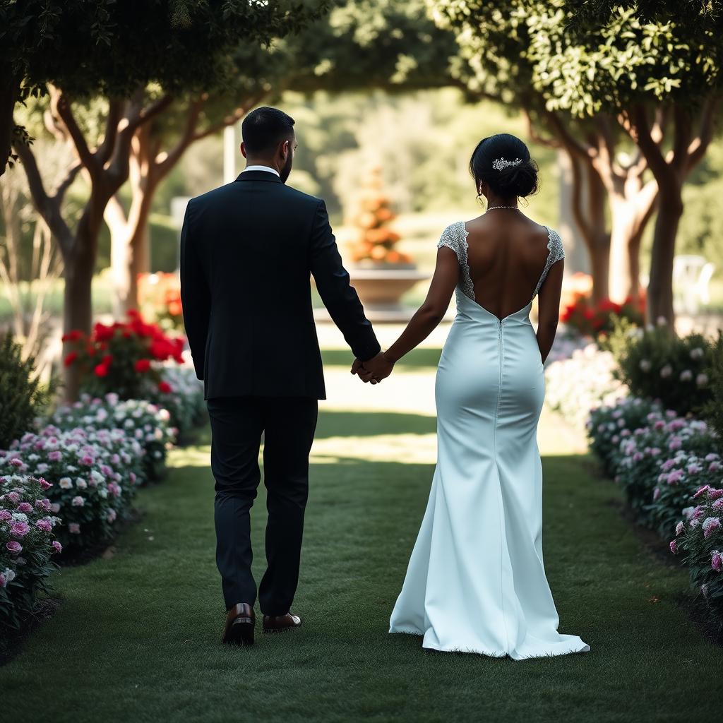 Le couple marche main dans la main dans le jardin